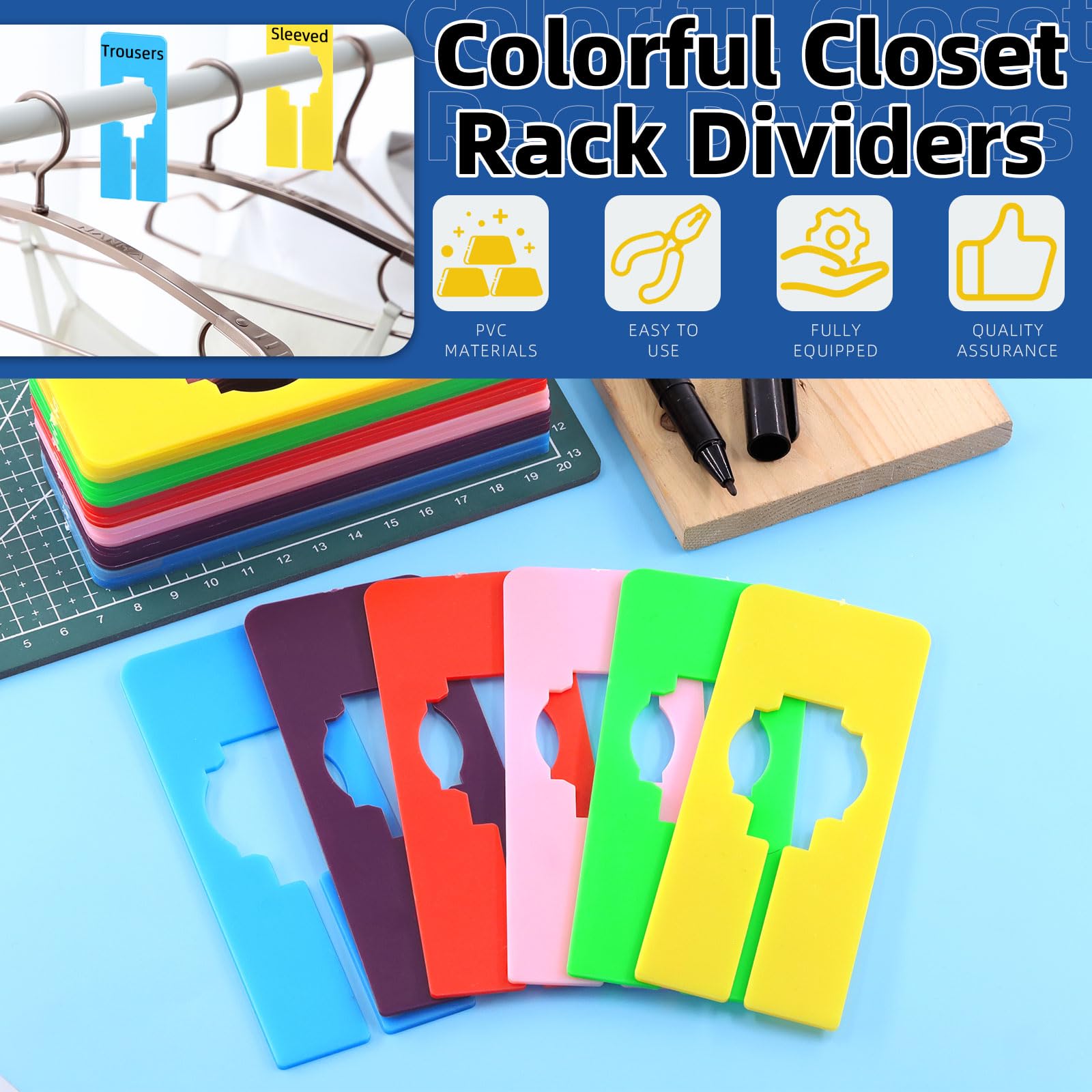 Rustark Lot De 31 Séparateurs De Penderie Rectangulaires – 6 Couleurs Vives + Marqueur Offert – Organisation Facile Et Réutilisable