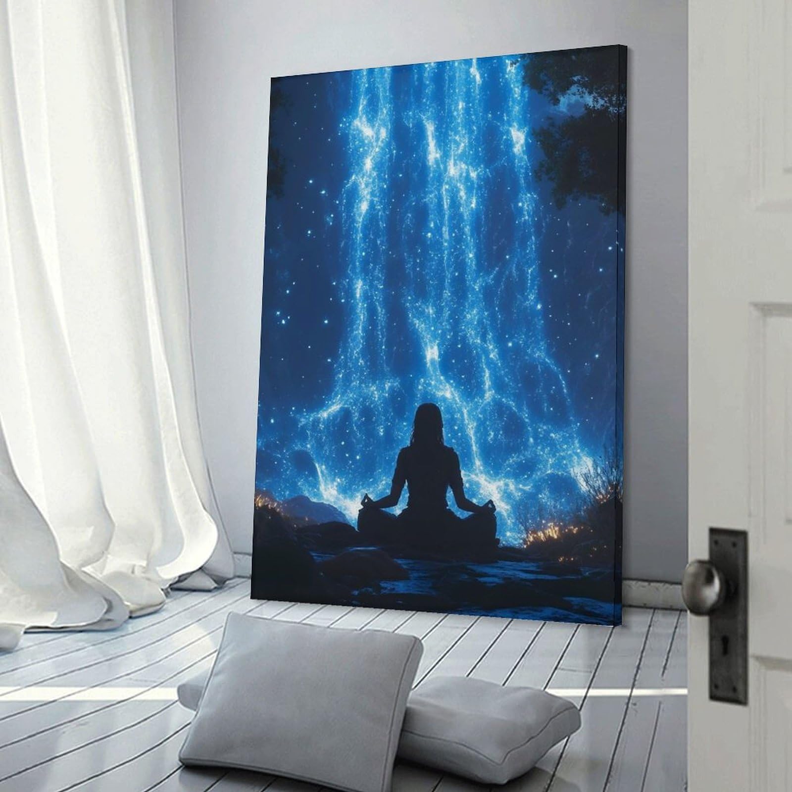 Junmoney Frame-Style-23 Hanging Wall Art Meditating Figure Under A Celestial Waterfall, 20X30inch(50X75cm), For Entryway, Lounge Links Or Small Walls, A Neat Decor Update For Hallways