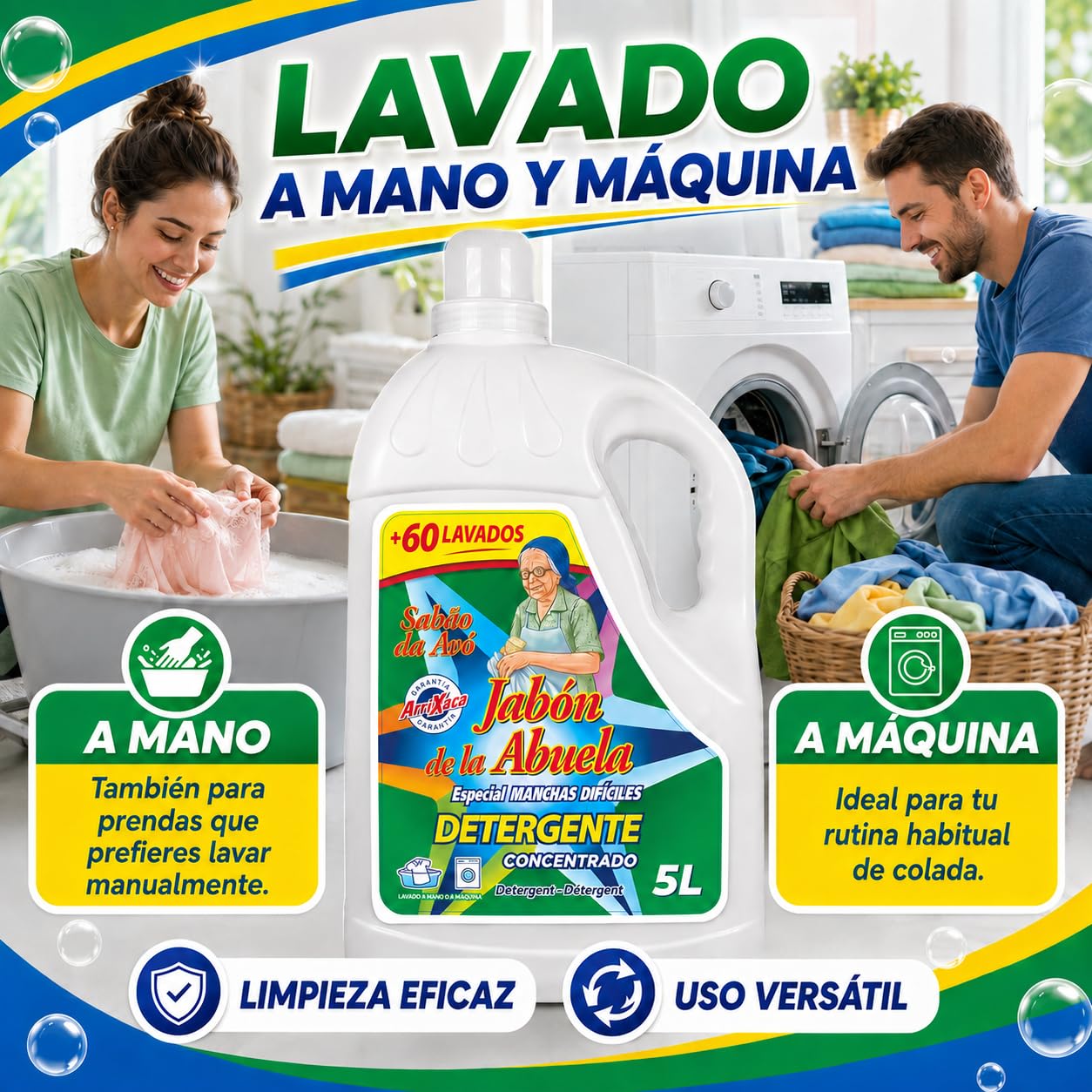 Detergente Líquido Concentrado para Lavadora 20 Litros, Especial contra Manchas Difíciles, más de 60 Lavados Garantizados