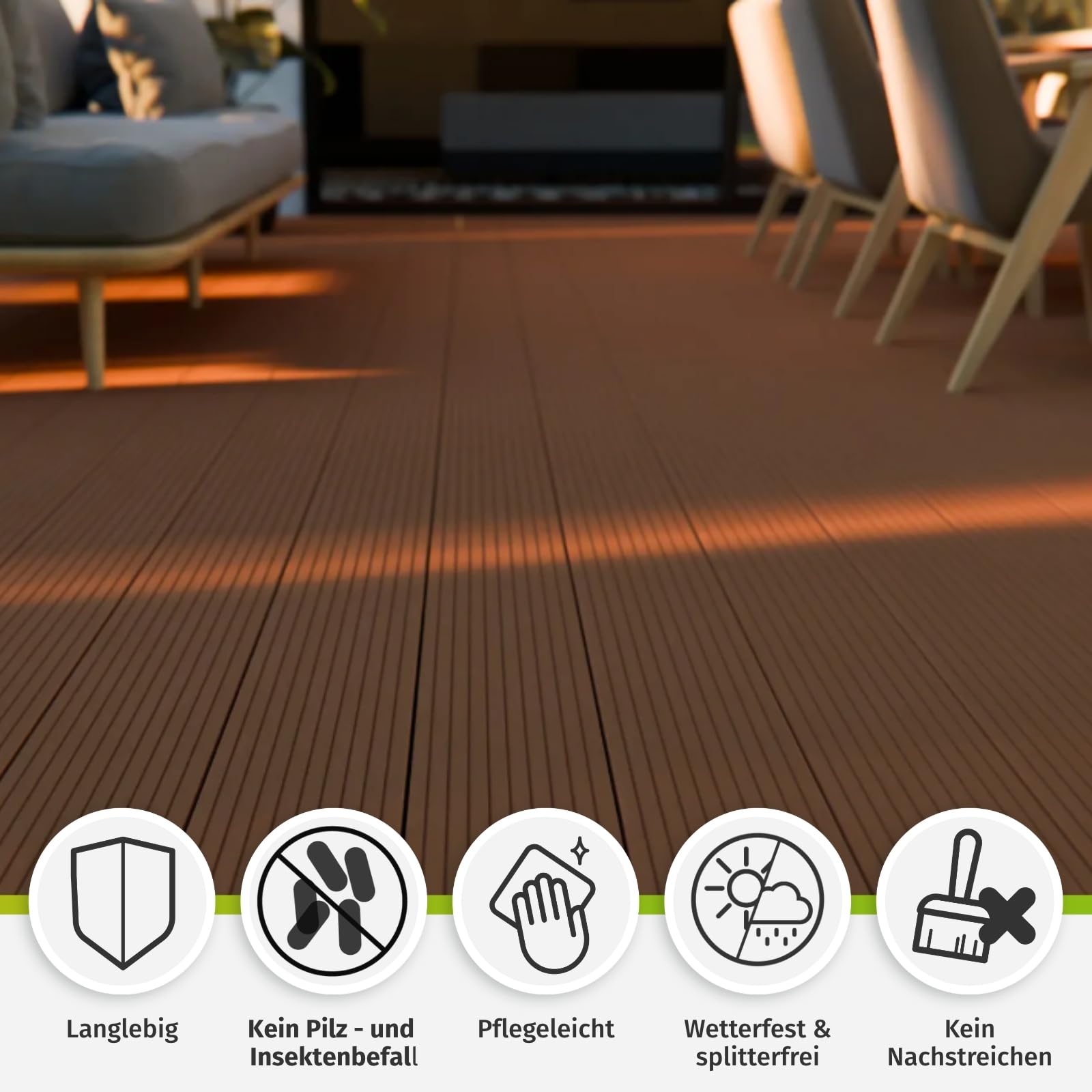 HORI WPC Terrassendielen Komplettset XXL Massiv Diele BPC Komplettbausatz Inkl. Unterkonstruktion 28x50 mm & Clips, Wetterfest, pflegeleicht & rutschhemmend
