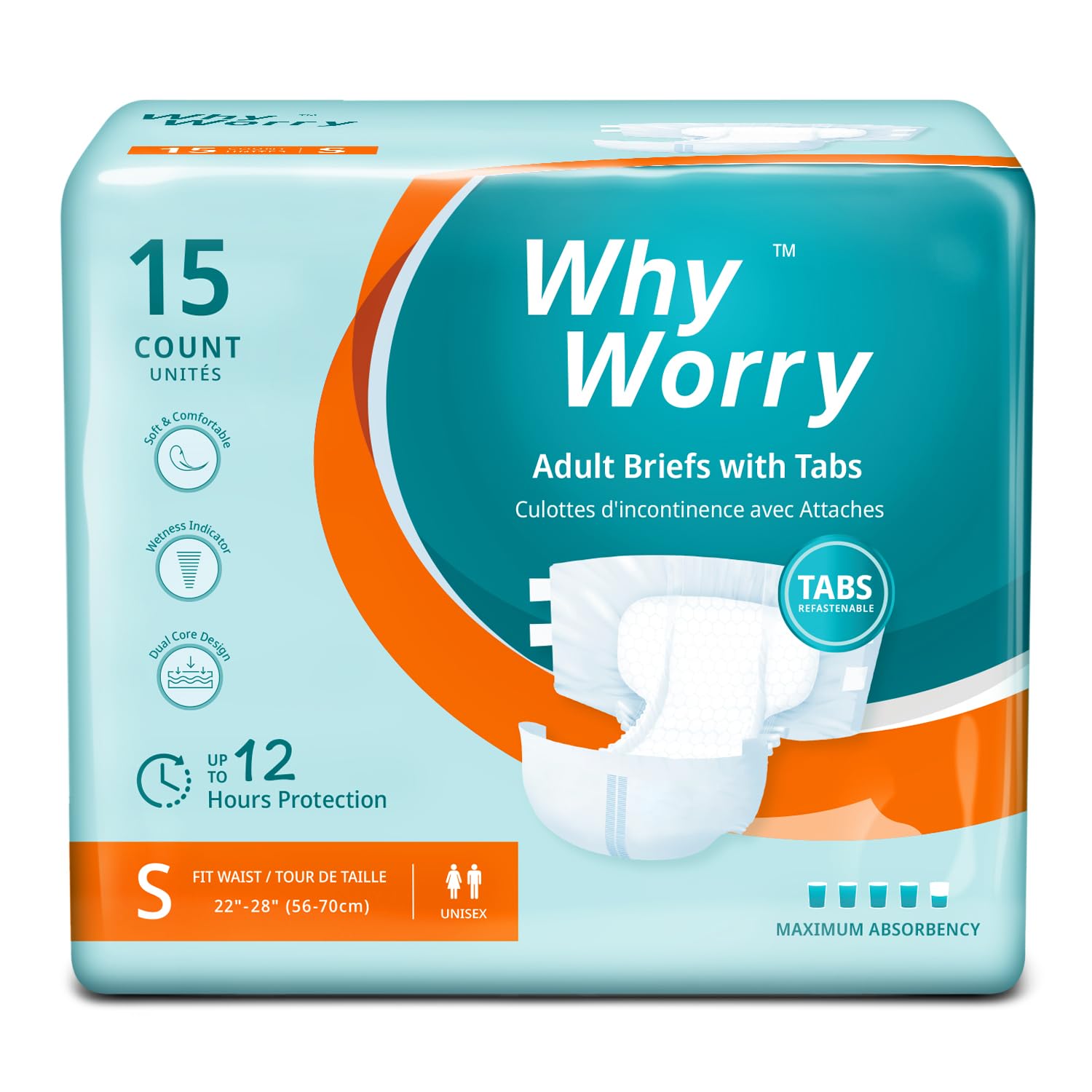 WhyWorry Adult Diapers with Tabs, Disposable Incontinence Briefs for Women & Men with Maximum Absorbency, Adult Briefs for Incontinence Overnight,