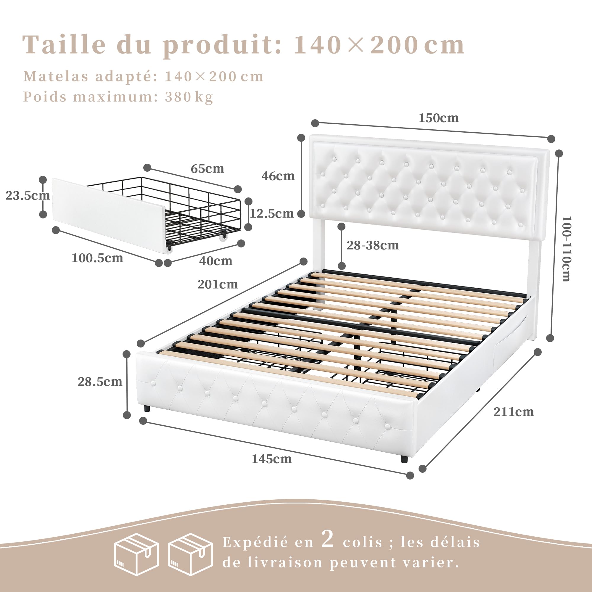 SIBEDS Polsterbett 140x200cm mit Stauraum Lattenrost, Kopfteil, Weiß