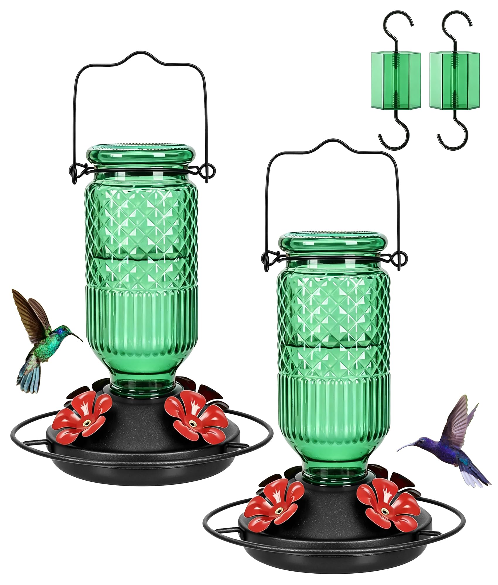 FEED GARDEN Glass Hummingbird Feeder 2 Pack, 16oz Leak-Proof with Ant Moat &amp; Bee Guards, Easy Clean Wide Mouth, Metal Perches, Green Outdoor Hanging