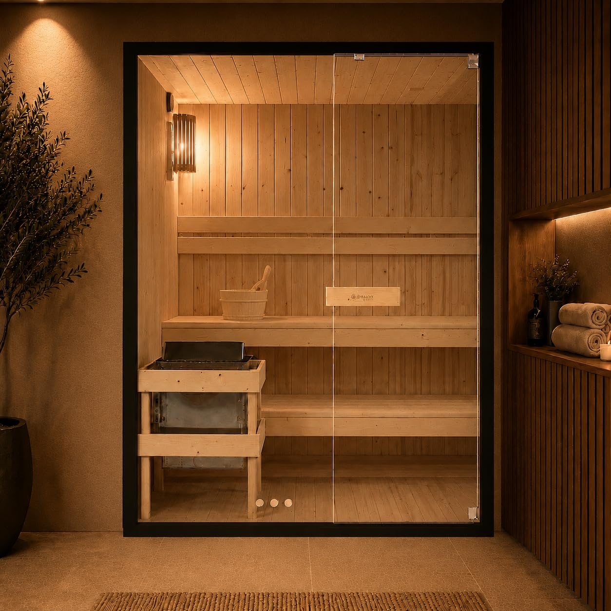 SANOTECHNIK Sauna FALUN L für 2–3 Personen, Innensauna aus Fichtenholz mit 4,5 kW Harvia Saunaofen, Saunasteine & Zubehör, getöntes Sicherheitsglas, 150 x 120 x 200 cm