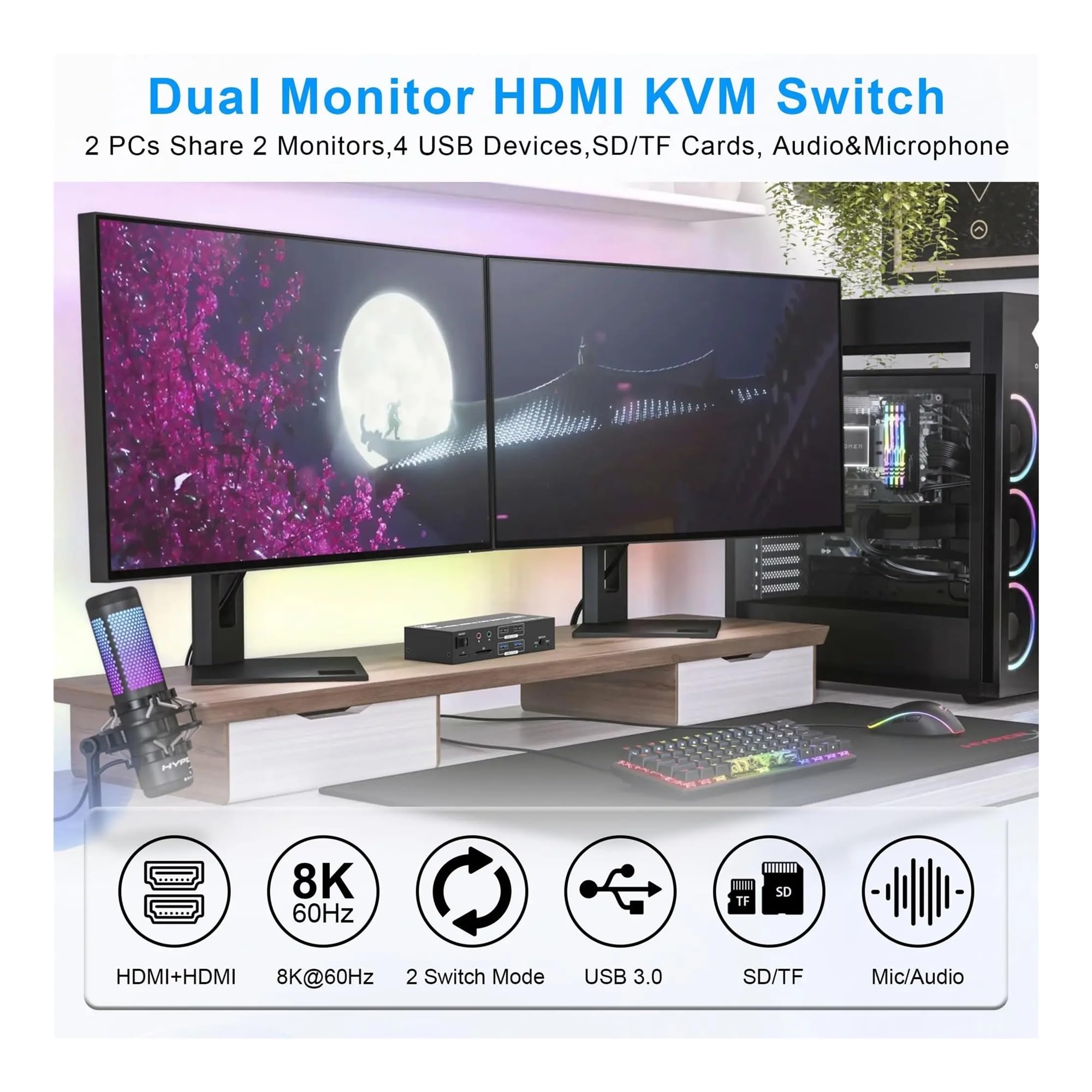 Conmutador KVM de Dos monitores 4K120Hz, 2x2 USB 3.0 DP, 2 entradas y 2 Salidas, 8K60Hz, Pantalla Mixta, 2 monitores, 2 Ordenadores, Puertos SD/TF(TA202-Dual DP)
