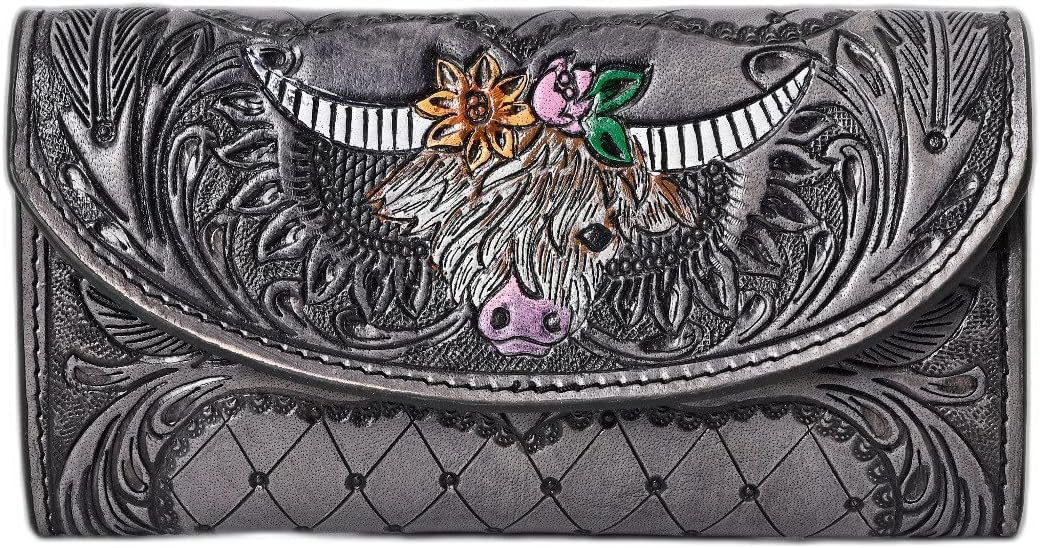 Merbaa Handtooled Leather Detail Trifold wallet for Women-Multi Credit Card Slots, valentines day gifts