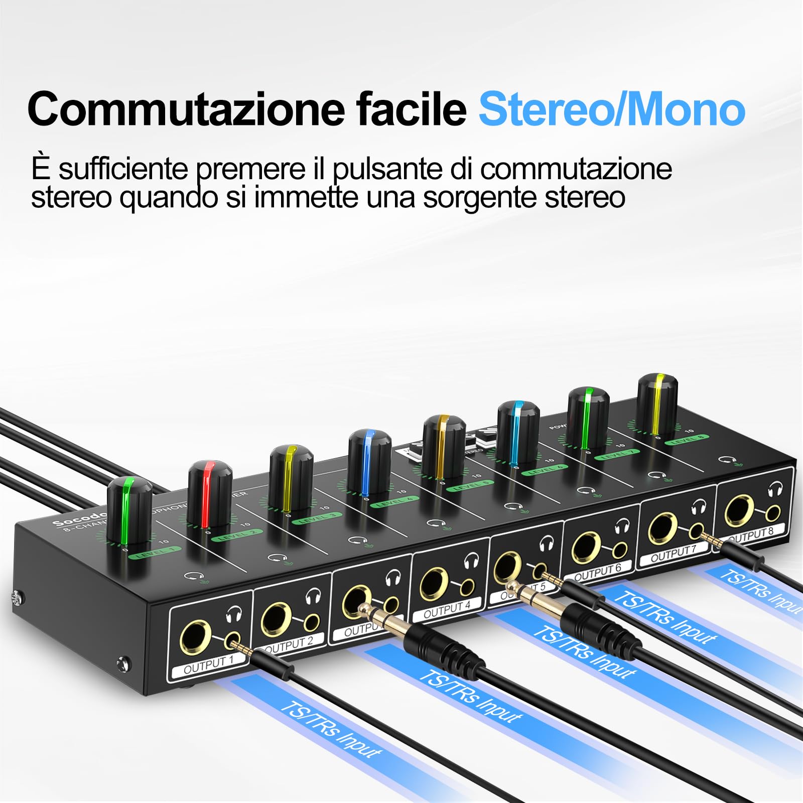 Amplificatore Per Cuffie A 4 Canali Jack 3,5/6,35 Mm E RCA, Con 8 Uscite, Controlli Volume Individuali E Luci RGB, Custodia In Metallo