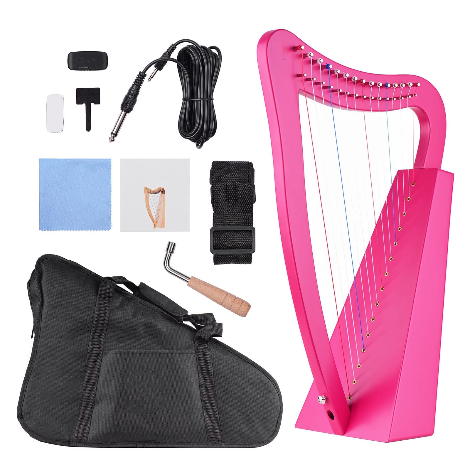 TSTS Lyre Instrument 15-String-Lyre Harp-Holzschnur-String-Instrument Mit Tragetasche Strap-Reinigungstuch Tuning-Schraubenschlüssel-Abholung Für Anfänger (Color : Magenta)