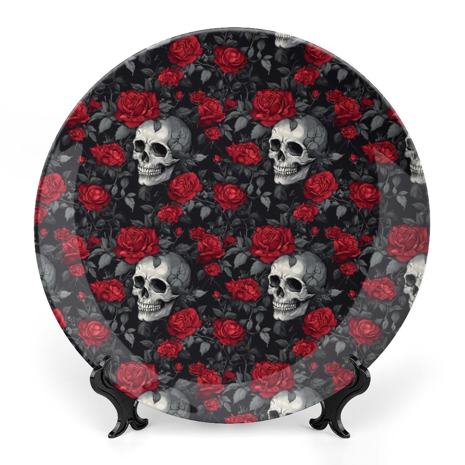 DULAHR Gothic Skull Rose Bone China Decorative Plate Ceramic Decorative Plate Home Wall Decor with Vertical Stand Decorative Plates