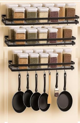 Craft Mshopr Pack of 3 Wall Mounted Spice Racks (17, 16 & 15 inches) – Black Iron Kitchen Organizer Shelf with 7 S-Hooks | Space-Saving Hanging Spice Holder for Utensils