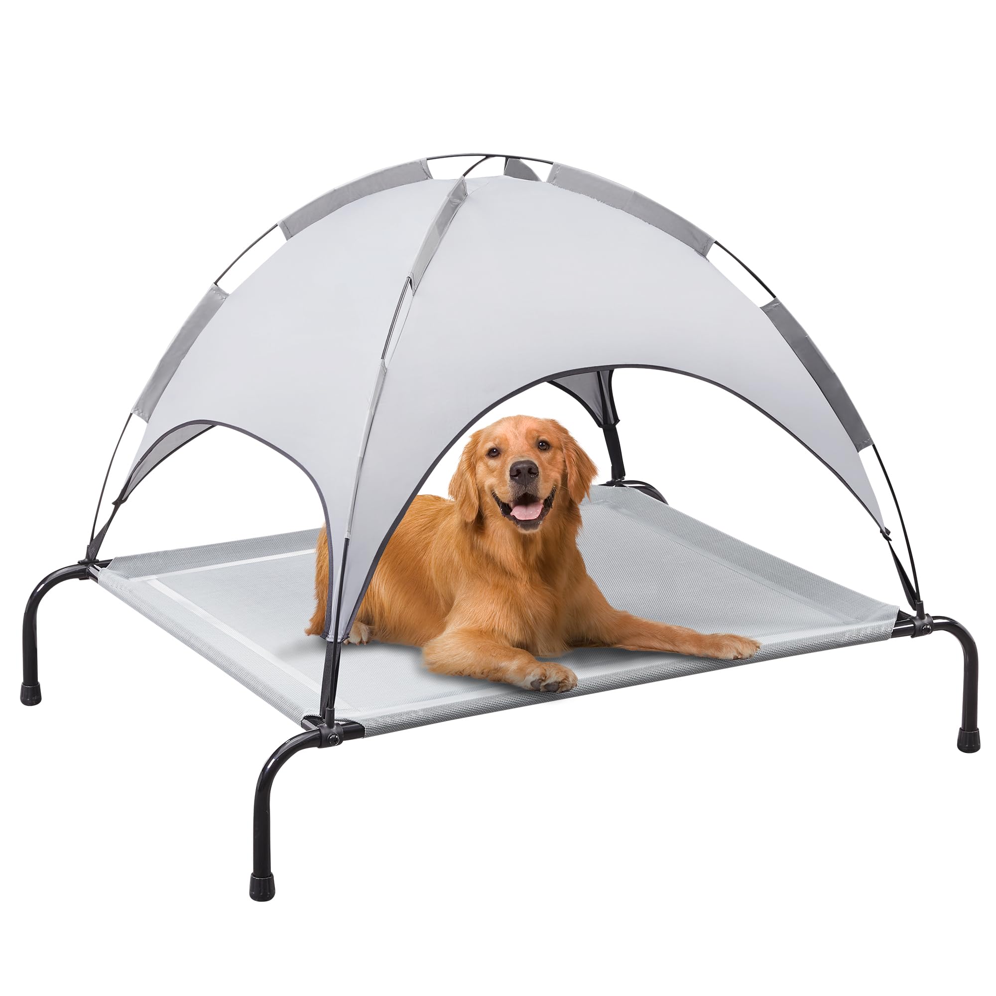 PRAISUN Outdoor Dog Bed with Canopy, XL Elevated Dog Bed, Dog Cot, Pet Bed with Oxford Fabric, Textilene Mesh, Carrying Bag, Cooling and Portable, for Indoors, Outdoors, Beach, Sliver Gray