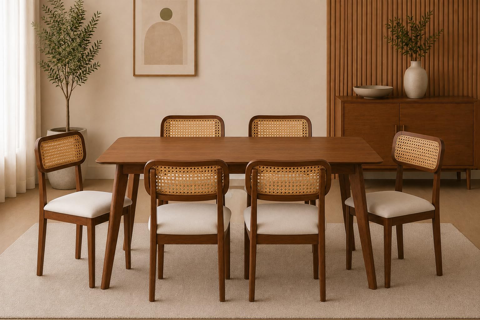 Solid Sheesham Wood & Cane Dining Table Set for Dining Room Home | Wooden Dining Table with Chair for Living Room & Office Restaurant | Modern Dining Room Set (Honey B, 6 Seater)-image-49