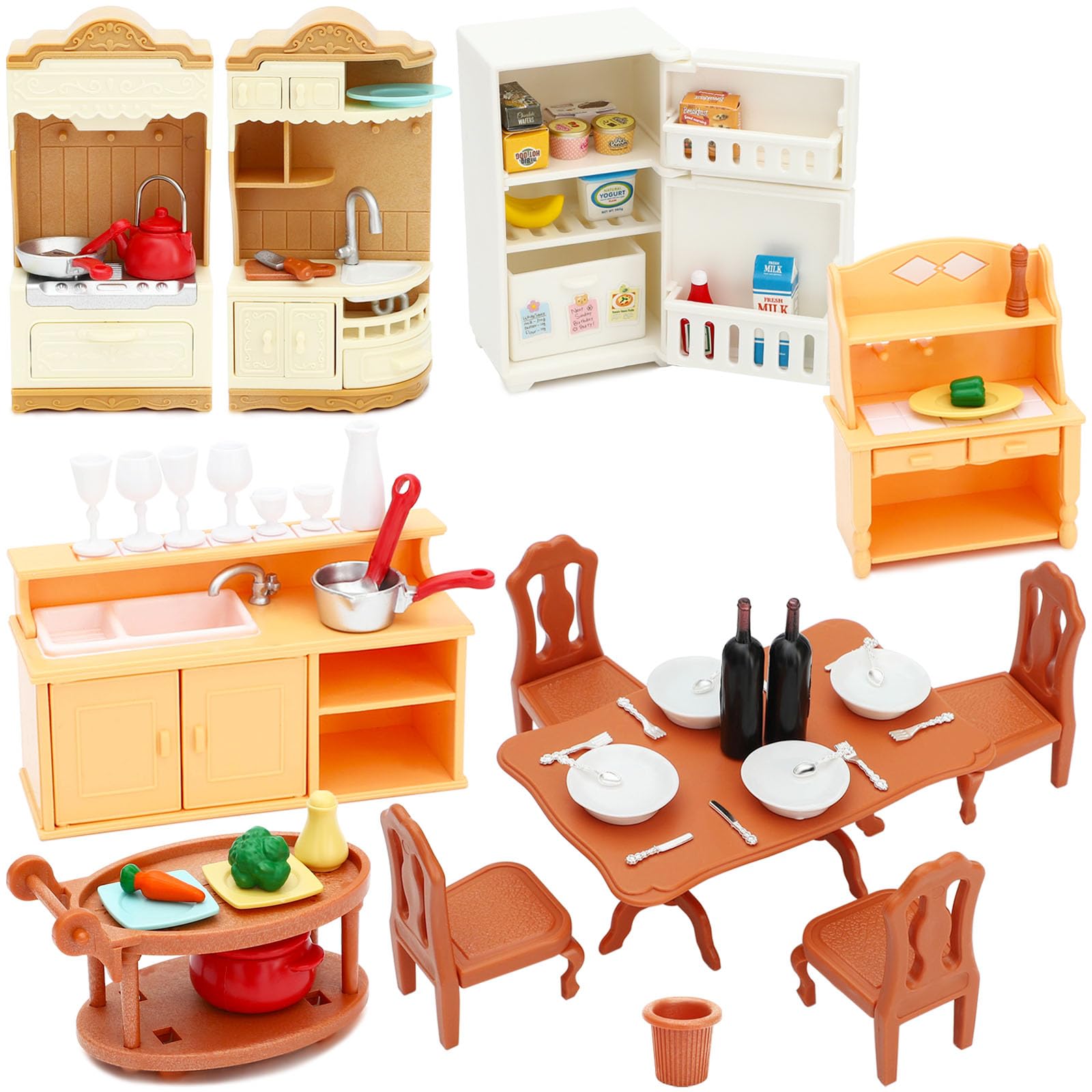 ONEST 54 Pieces Dollhouse Furniture Set Mini Kitchen Accessories with Cabinet Refrigerator Cookware Table Food Miniature 1:12 Furniture Accessories Model for Kids