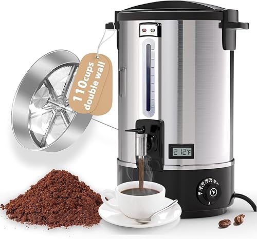 Urna de café comercial, dispensador de café grande de acero inoxidable de 110 tazas/16.5L, urna de café eléctrica de doble pared, urna de café