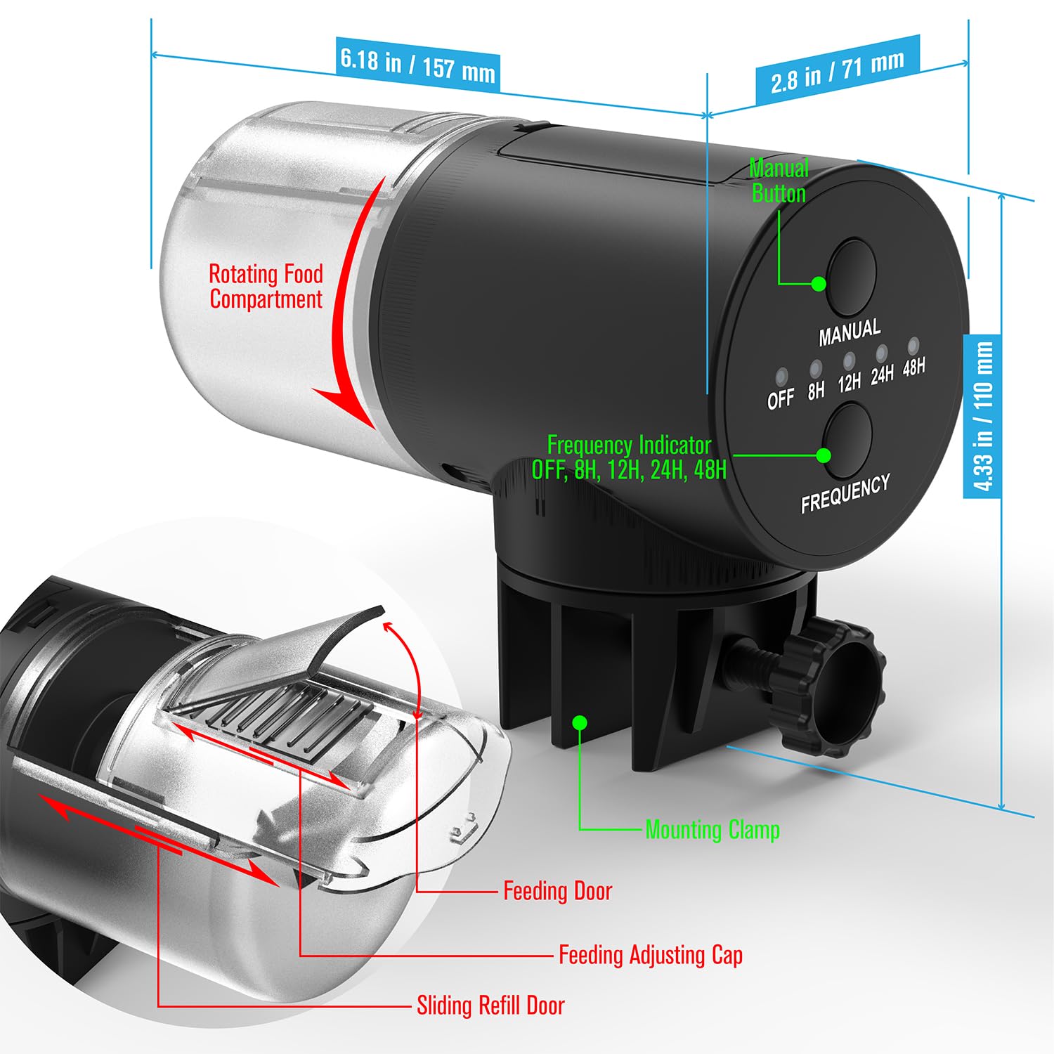 Distributore Automatico di Cibo per Pesci | 4 timer programmabili | Alimentatore Automatico per Acquario | Accessorio per Acquari | Nero