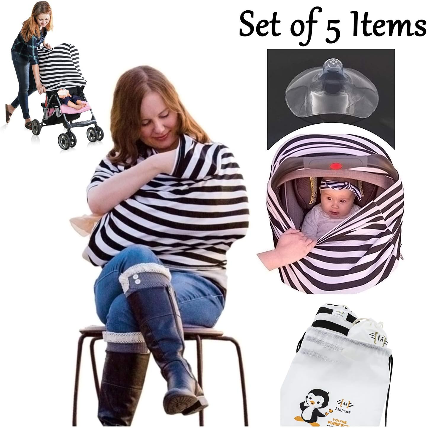 Large Breastfeeding Cover Nursing Cover up Scarf & Baby Latch Nipple Shield, Infant Car seat covers for babies, Shopping cart covers Multi use in baby breast feeding cover ups carseat, stroller canopy