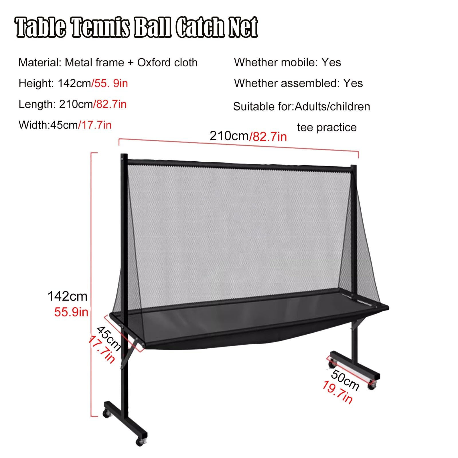 RENLXFI Black Ping Pong Ball Collector Net, Indoor Outdoor Table Tennis Ball Catch Net with Metal Wheel for Multi-Ball Drills Robot Serve Launcher Practice, Beginners Training Tool