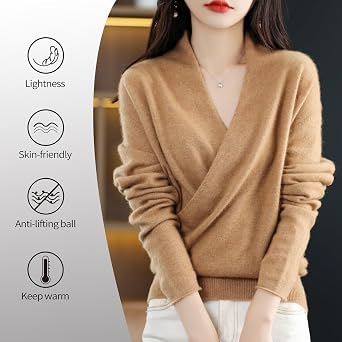 Women's V-Neck Sweater 100% Merino Wool 2025 Winter Warm Soft Long Sleeve Seamless Knit Pullover Cashmere Fall Sweater
