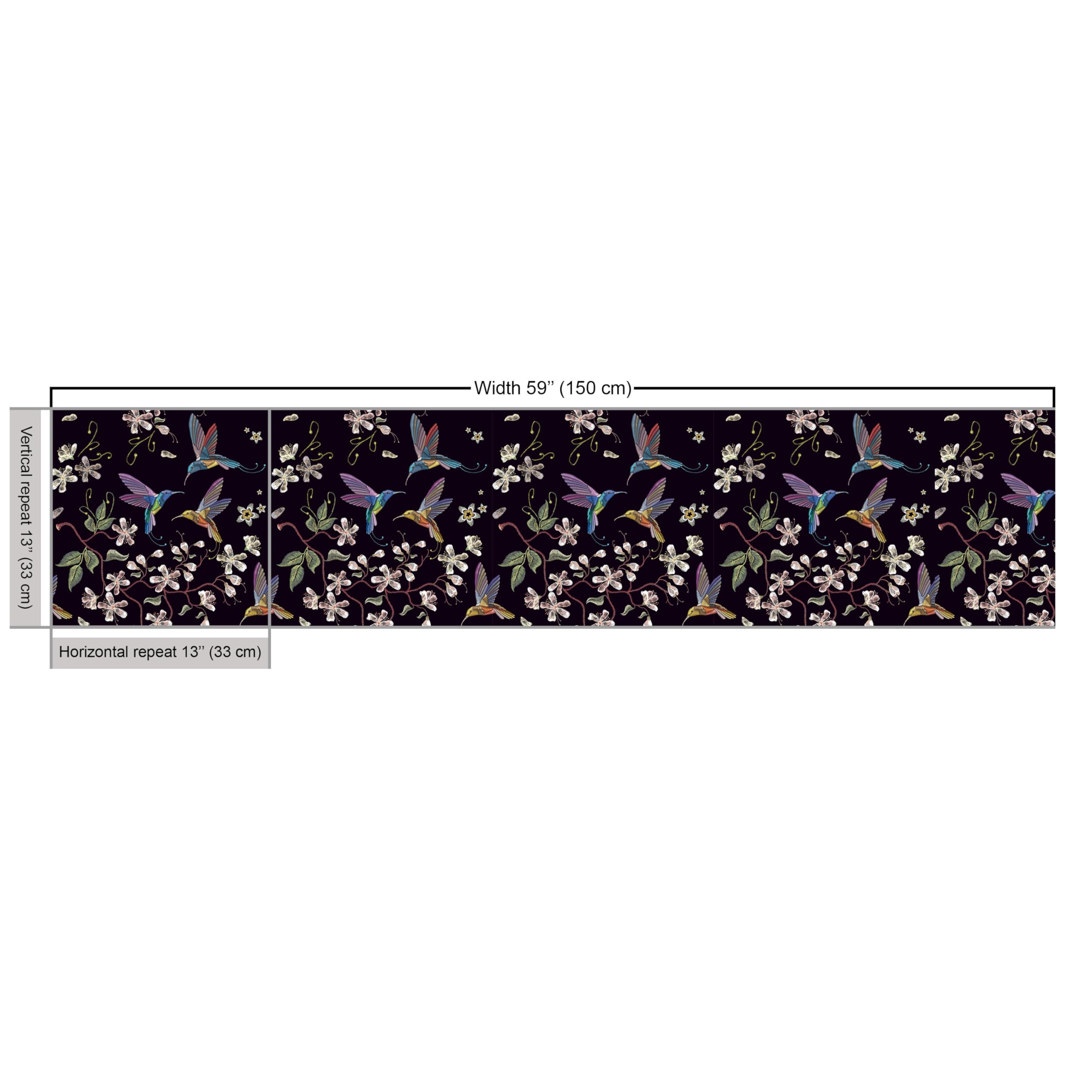 ABAKUHAUS Kirschblüte Satin Stoff Meterware - Schwarz Perle Mit Kolibri Motiv 155cm Breit