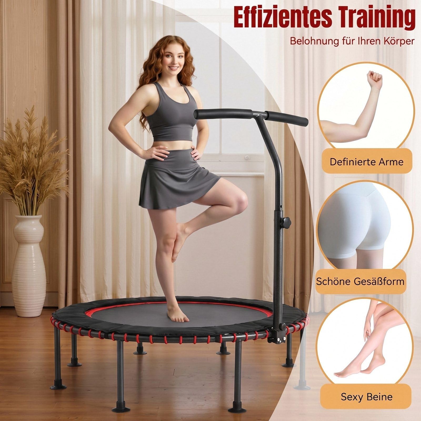 LIFERUN Trampolino elastico per interni, per adulti, diametro di 122/128cm, per allenamento, portata 150 kg, sospensione in corda in gomma stabile e silenziosa, manico regolabile in altezza a 3,Rosso