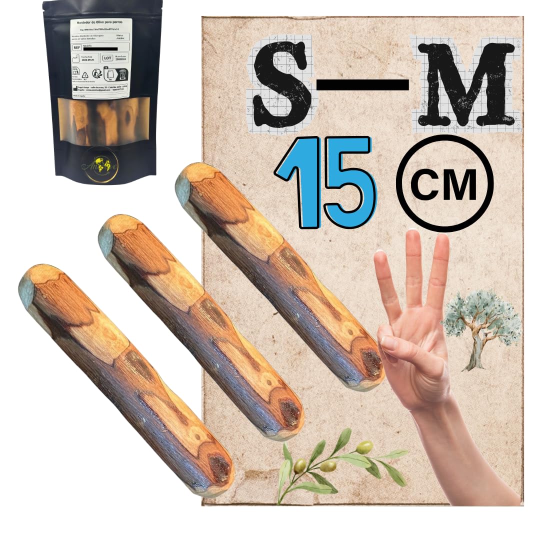 3개의 천연 젖니용 스틱 올리브 나무 씹는 스틱 사이즈 S M 15CM 엑스트라 버진 올리브 오일로 씻김 스트레스 해소 불안 장난감 비건