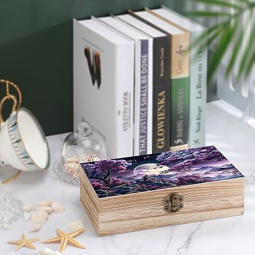 Miniatura 4 de Cherry Blossom Moon Wooden Storage Box with Hinged Lock,Decorative Handmade Keepsake Jewelry Chest, Elegant Retro Decor Boxes, Compact Organizer Box