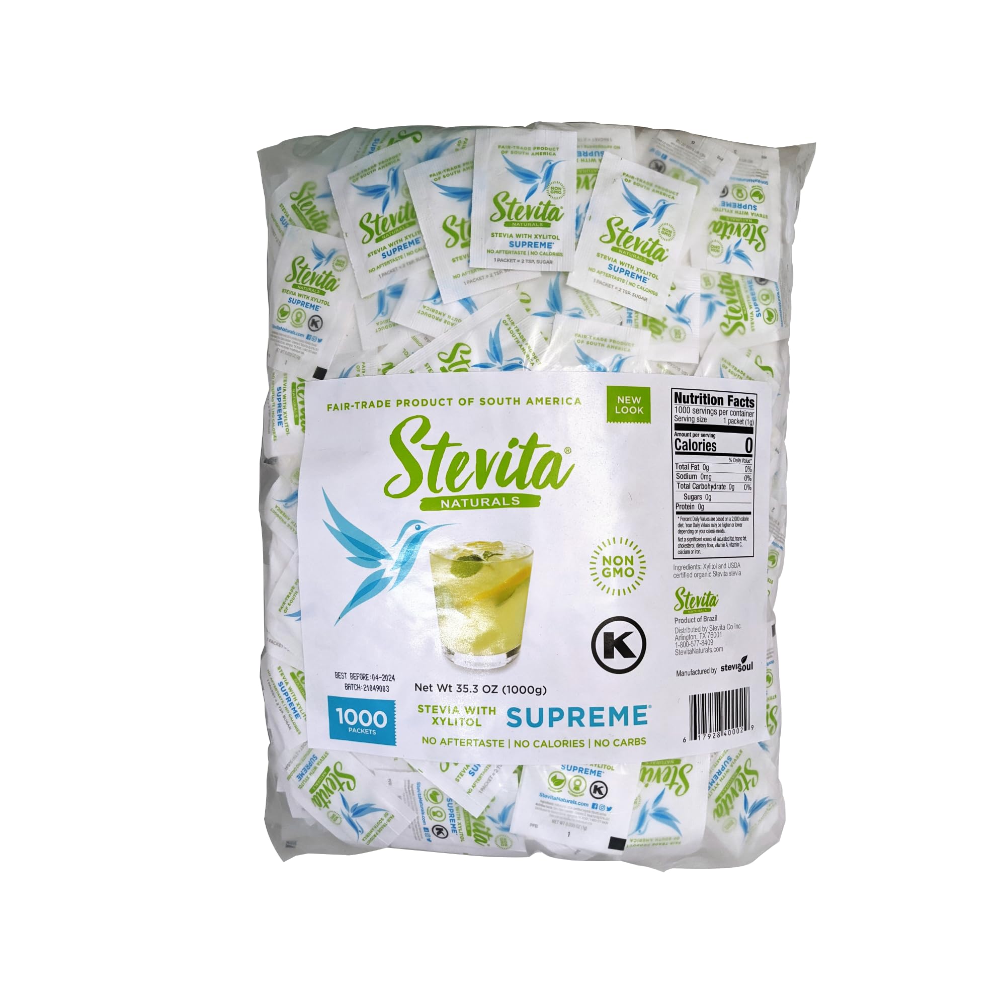 Stevia with Xylitol Supreme - 1000 Packets - All-Natural Sweetener, No Calories - Non-GMO, Vegan, Kosher, Keto, Paleo, Gluten Free, Erythritol-free - 1000 Servings