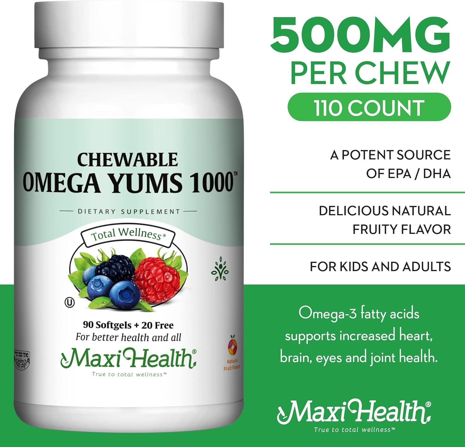 Maxi Health Omega Yums 1000 - Kid Friendly - Fruity Burst Flavor - 110 Softgel Capsules - Kosher - Image 2