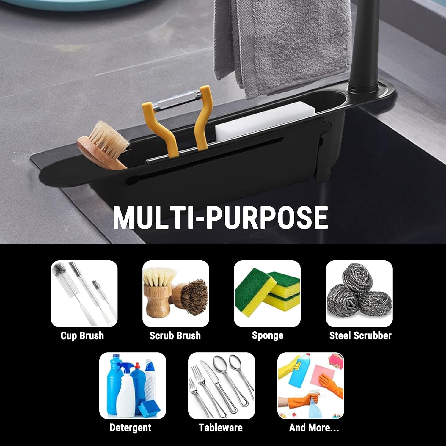 Telescopic Kitchen Over Sink Organizer with Towel Hanger, 2-in-1 Retractable Sink Drainer with Bracket and Crossbar Adjustable Expandable Sink Caddy Large Capacity for Kitchen Sink(Black)