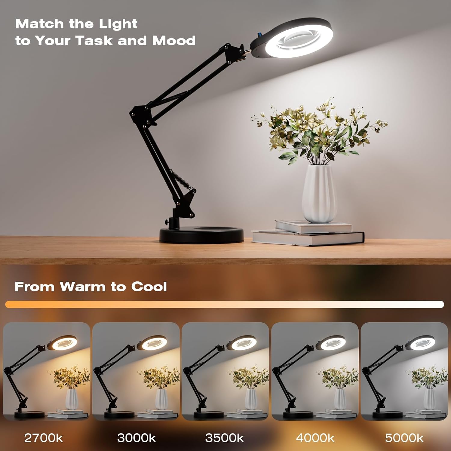 Lupa de 10 aumentos con luz y soporte, 5 modos de color y lámpara de aumento LED regulable continua, lámpara de escritorio manos libres para leer, manualidades, pasatiempos y trabajos
