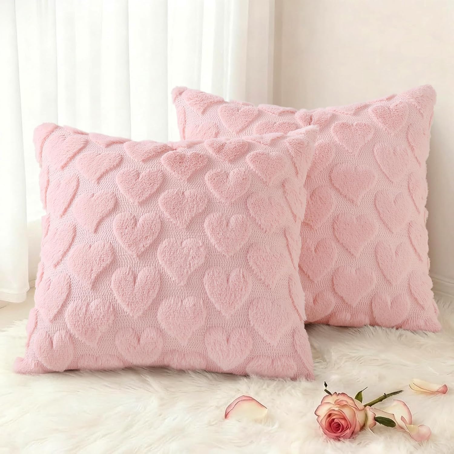 decorUhome Valentine’s Day Soft Plush Throw Pillow Covers 18x18 Inch Set of 2, Faux Fur Pink Heart Decoration Neutral Square Pillow Covers for Couch Sofa Bed Cozy Farmhouse Holiday Decor