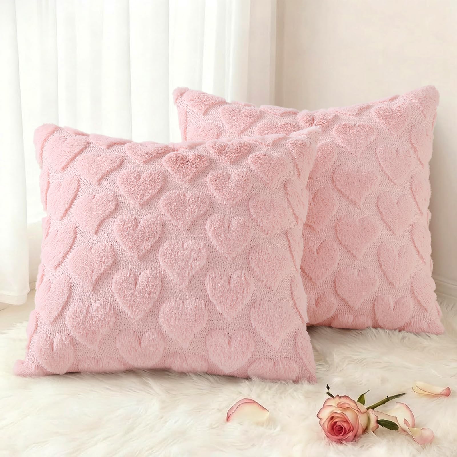 decorUhome Pink Heart Cute Girl Faux Fur Throw Pillow Covers 18x18 Set of 2