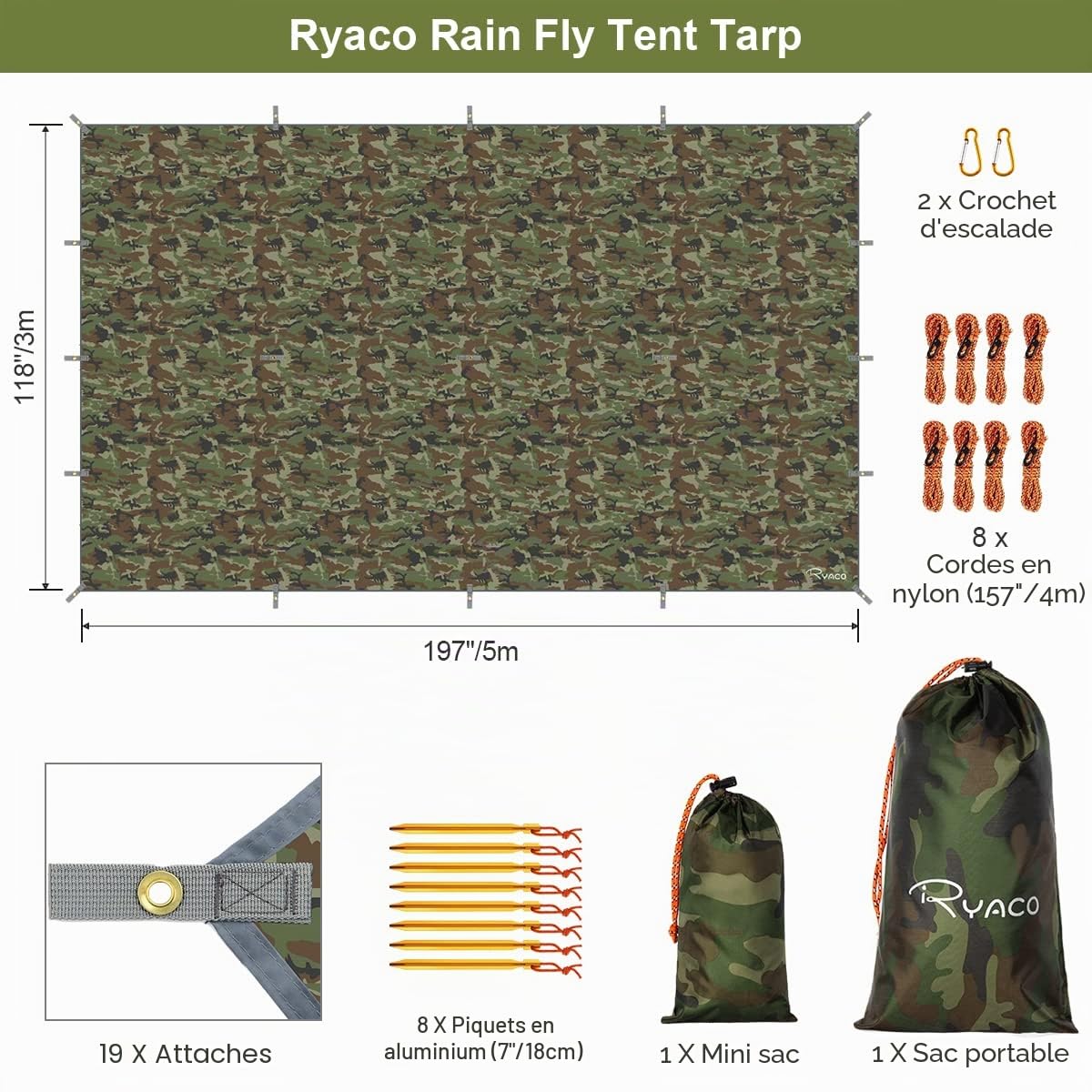Ryaco Bâche Anti-Pluie, Camping Bâche Rain Tarp Toile de Tente Imperméable Abri de Randonnée Pliable Portable Grande Taille avec Zippées et Poche en Filet pour Bouteille d'eau pour Backpacking Picnic