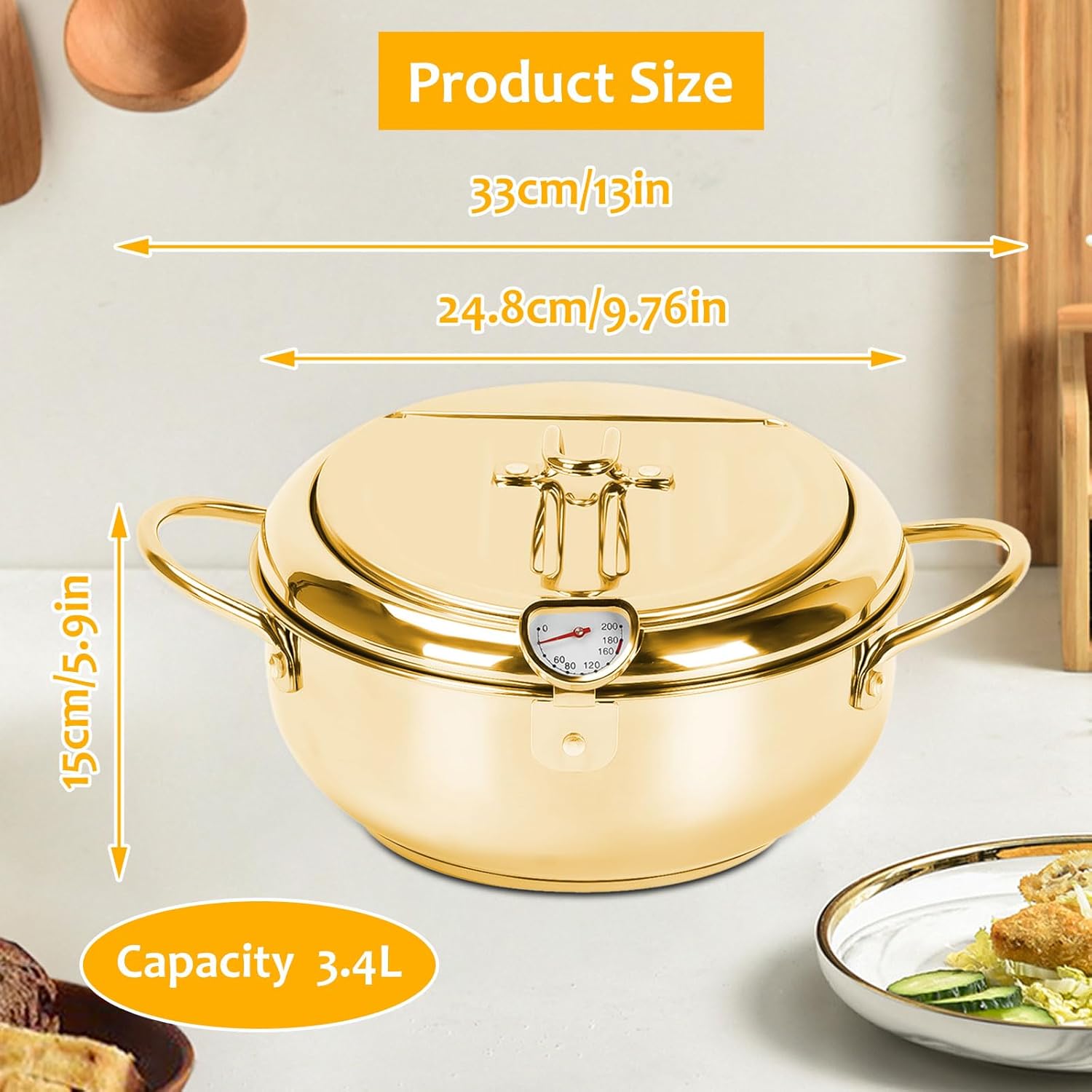 Deep Fryer Pot, 304 Stainless Steel Japanese Frying Pot with Thermometer & Oil Drain, Removable Oil Drain Rack, Multi-function Cooking Pot for Outdoor Family Gatherings, Camping (24cm/9.4inch)