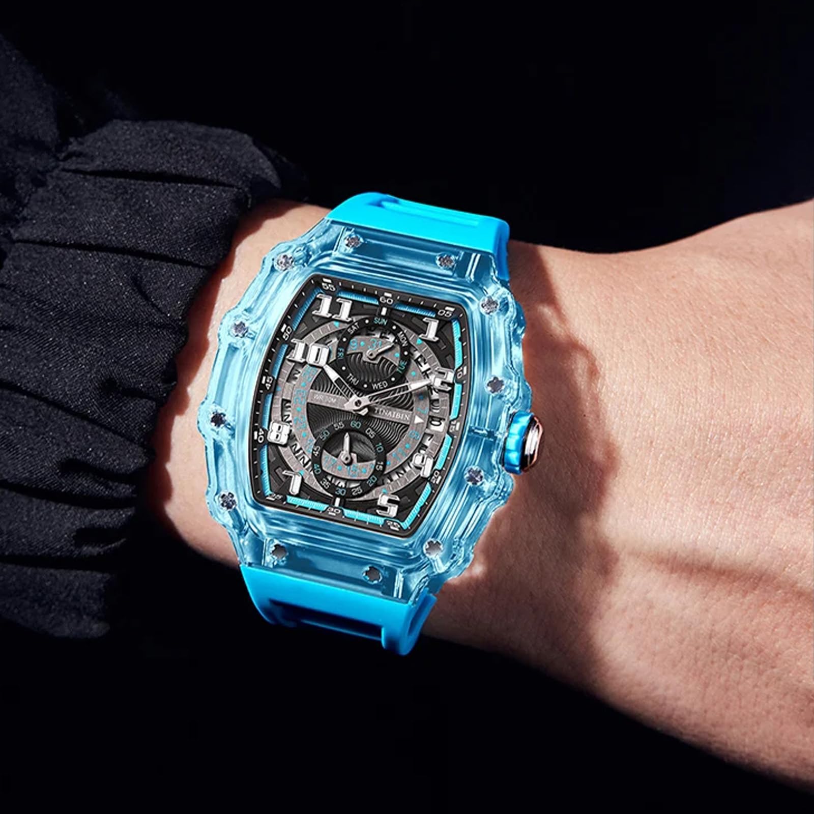 FORSINING Orologio da polso da uomo, al quarzo, cinturino in silicone, casual, cronografo, sportivo, analogico, con data, impermeabile, militare
