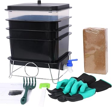 Worm Farm Composting Bin 4 Tray 20L Worm Compost Bin for Recycling Food Waste at Home, Stackable Design, with Gloves, Coconut Brick, Scraper & Rake Indoor & Outdoor Use