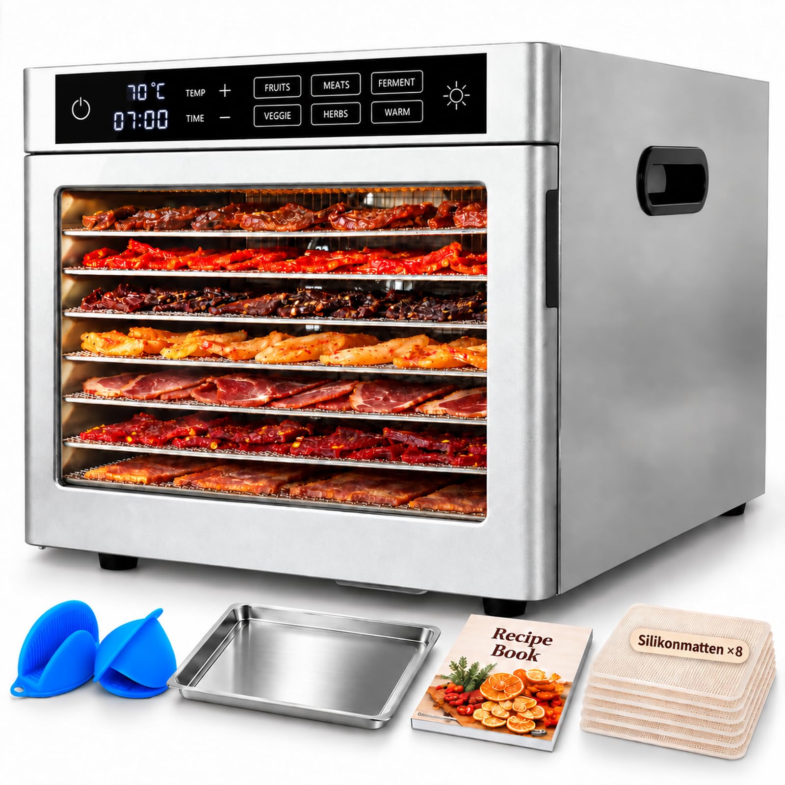 Dörrautomat 8 Einlegefächern aus Edelstahl 500W 6 Programme | oiyocemo für Obst, Gemüse, Fleisch & Kräuter, 85 °C, 24 Std. Timer, Rezeptbuch inklusive