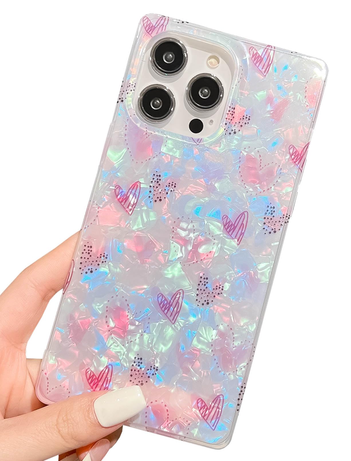 KERZZIL Elegent Girly Pearl Texture Compatible with iPhone 15 Pro Max Square Edge Case, Cute Love Hearts Pattern Slim Soft TPU Protective Bumper Cases Cover(Pink,15 Pro Max)