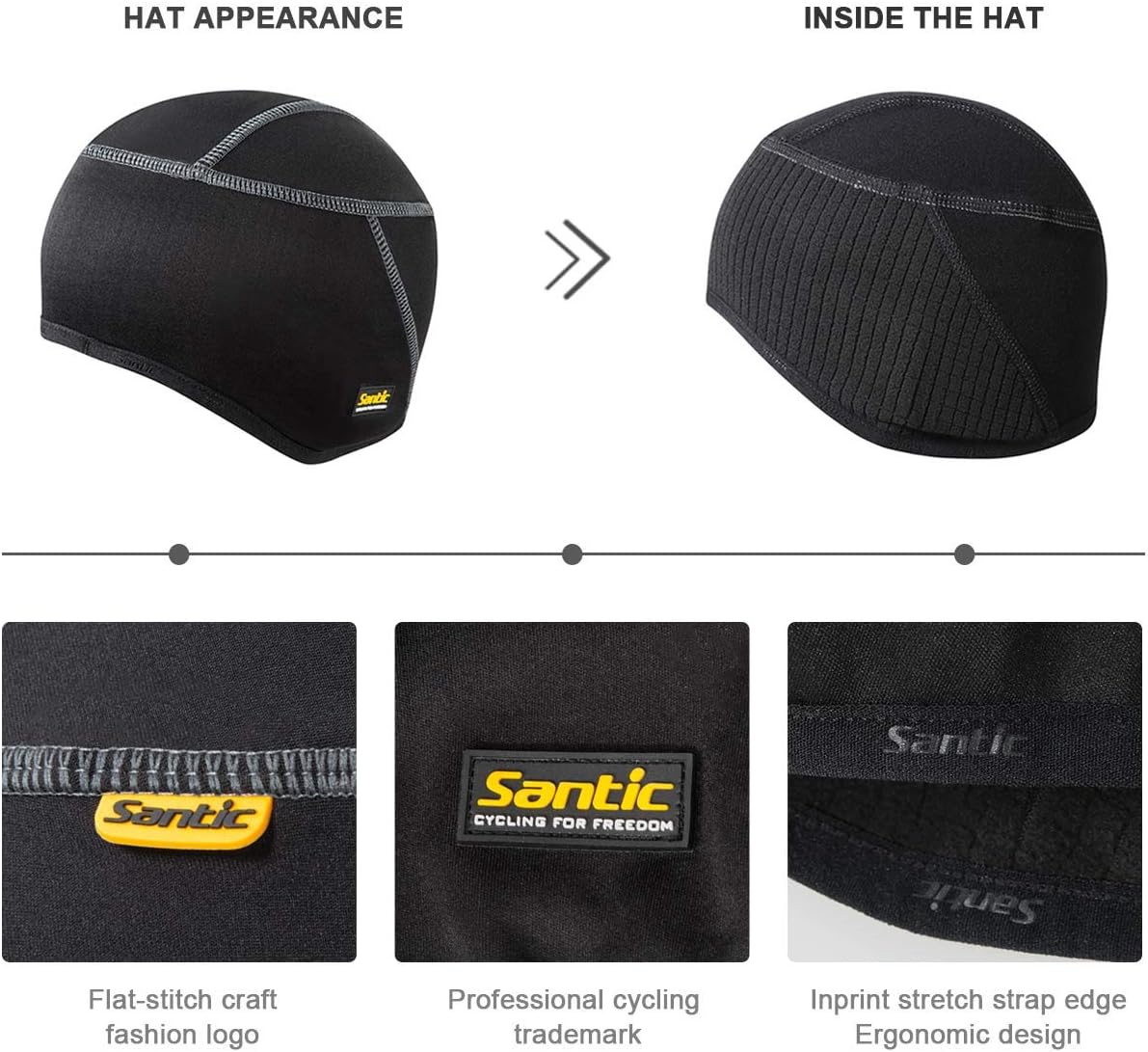 Santic Cycling Skull Cap Helmet Liner Running Bicycle Hat Thermal Fleece Windproof Fits Under Helmets One Size Black 9005