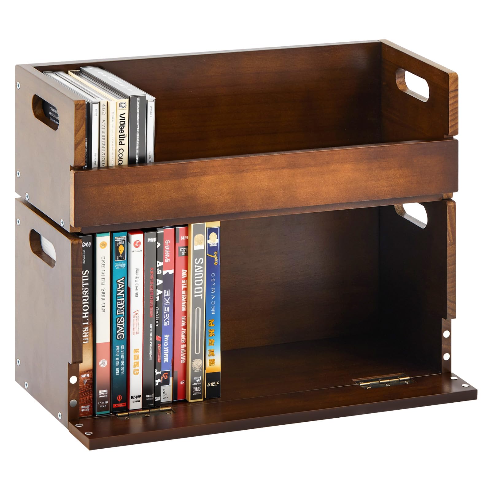 CroBlissful 2 Pcs Wooden DVD and CD Storage Box Cassette Tape Display Stand Holder Rack with Carrying Handle, Organizer Shelf for Movie Cases, Can Store up to 36 CDs and 26 DVDs (Brown)