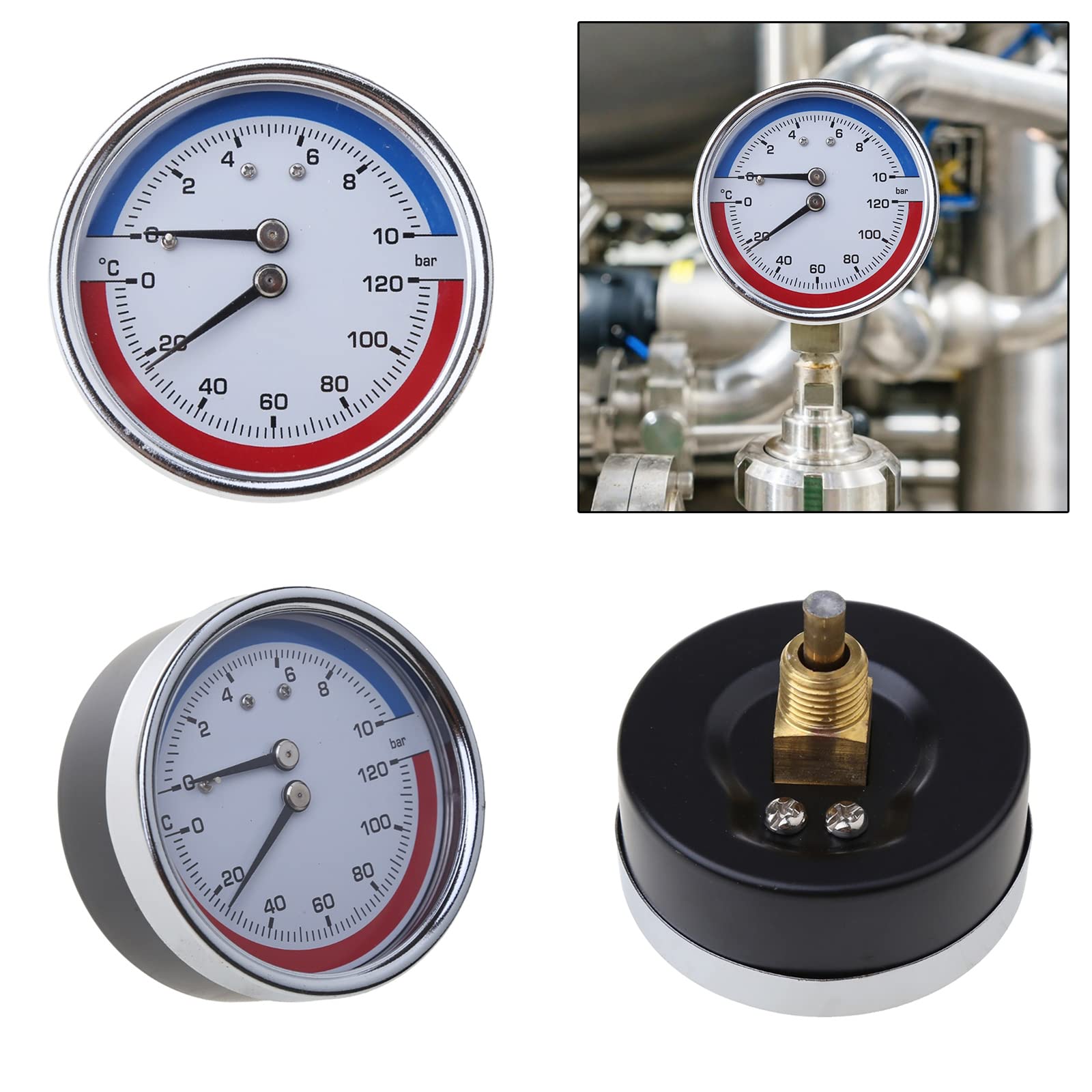 XUYUH Pressure Gauge Compact Thermo-Manometer Boiler Temperature Pressure Gauge Mearsuring 0-10 Bar 0-120 ? Suitable for Floor Heating Institution, 62mm