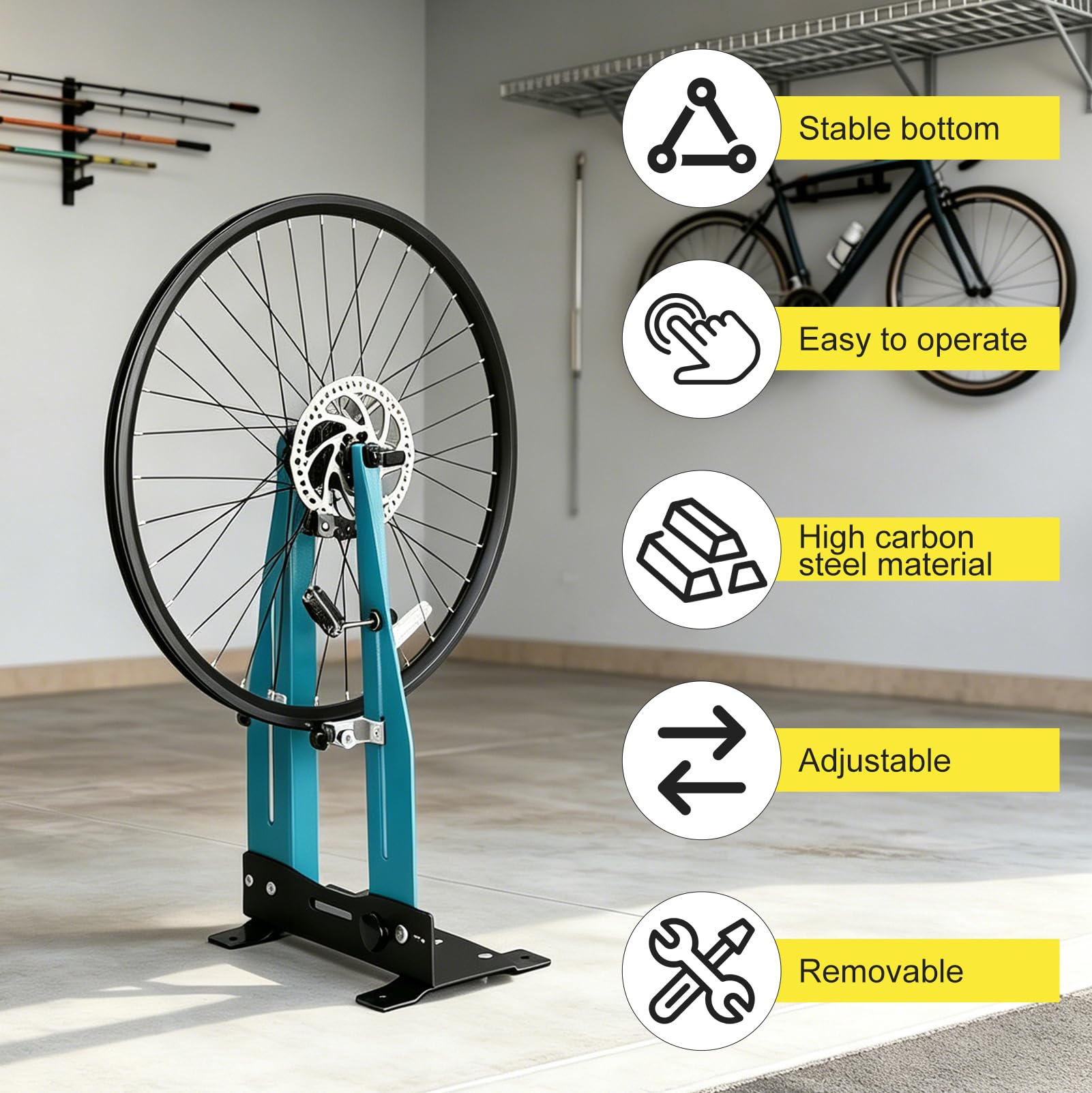 Centrador de Ruedas Para Bicicleta, para Llantas de 16" a27.5, Giro de 360°, Ajuste de ancho 95–130mm, compatible con discos de freno de 140-180mm para Bicicleta de Montaña/Carretera/Taller
