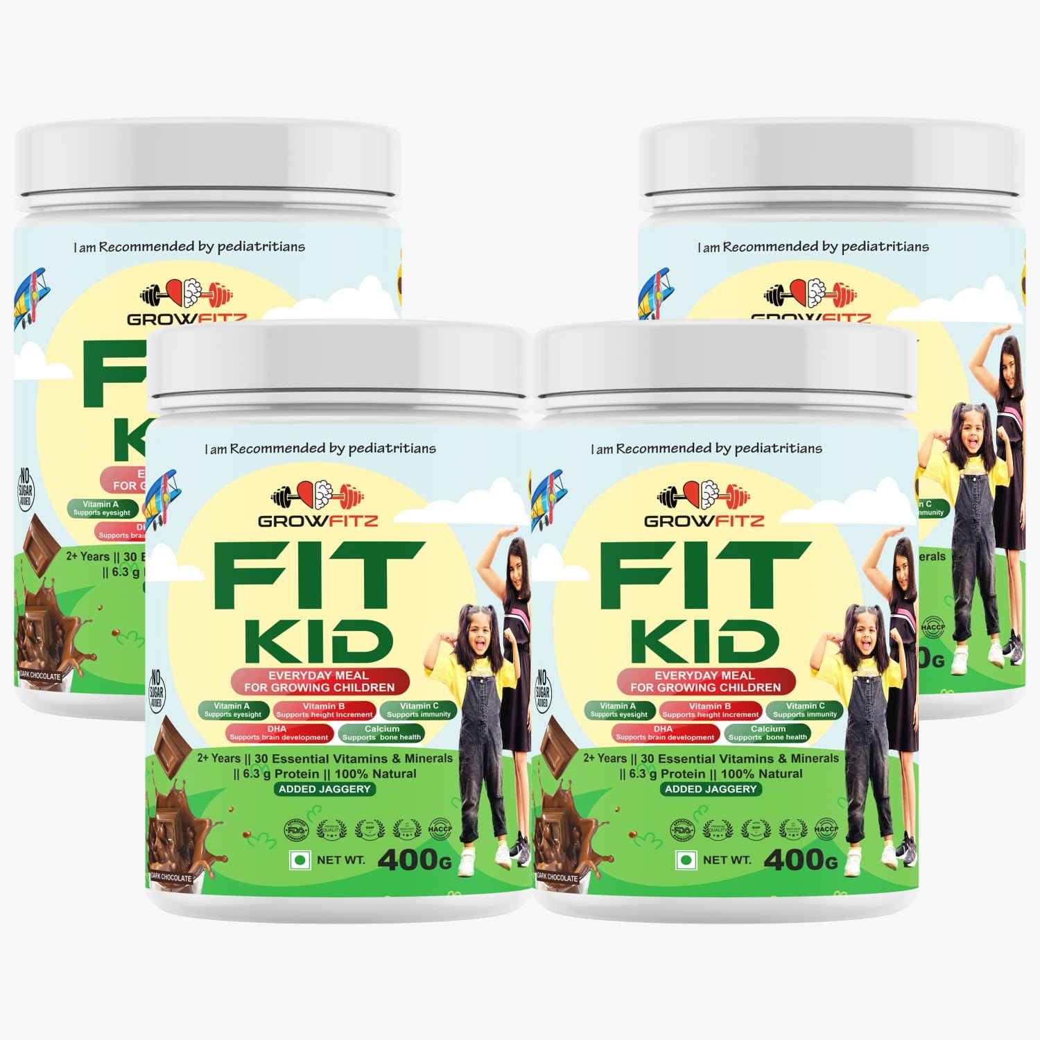 Growfitz FitKid | Natural Healthy Everyday Meal for Kids 2-18 | Supports Bone Strength, Immunity, Brain Development | No Sugar, Only Jaggery | 6.3g Protein | Almonds, Walnut, Ragi, Bajra (Chocolate) (Pack of 4, Chocolate)