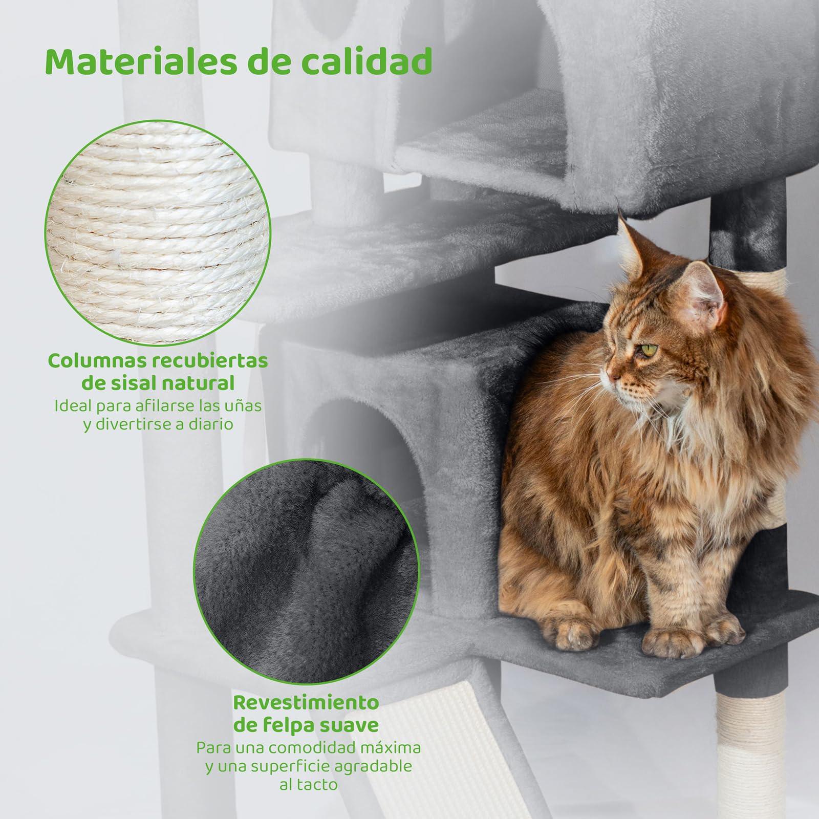 Árbol de Gato, Rascador para Gatos, Percha, Nichos, Hamaca, Bolas, Columnas de Sisal, Peluche, Altura 165 cm, Gris Oscuro, garantía de 5 años