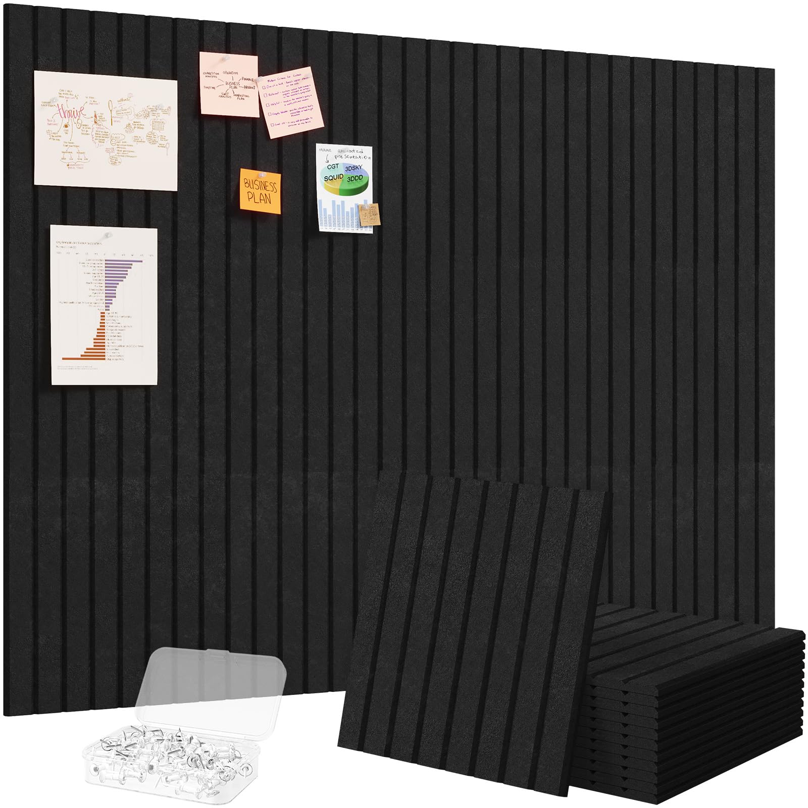 Lifewit Felt Slatted Bulletin Board with Self-Adhesive, 120 x 90 cm-12 Pack Cork Board Alternative, Pin Board Vision Board Message Board with 30 Pushpins for Office Decor, Room Decor, Black