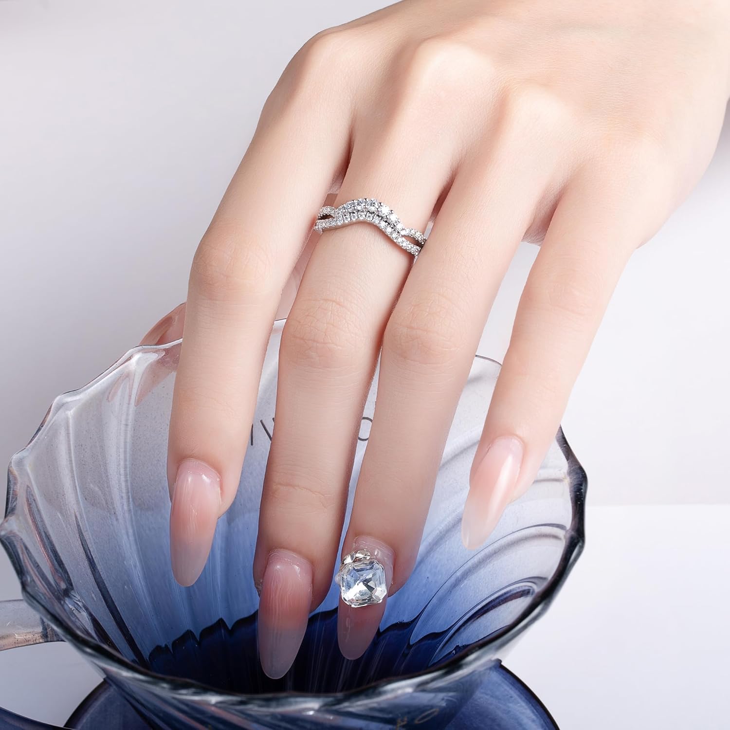 CannyCat Moissanite Ring Guard Enhancer for Engagement Anniversary Ring D-color Moissanite Eternity Wedding Band for Women Platinum-Plated Silver Twisted Vine Curved Stacking Ring (7.5) - Image 4