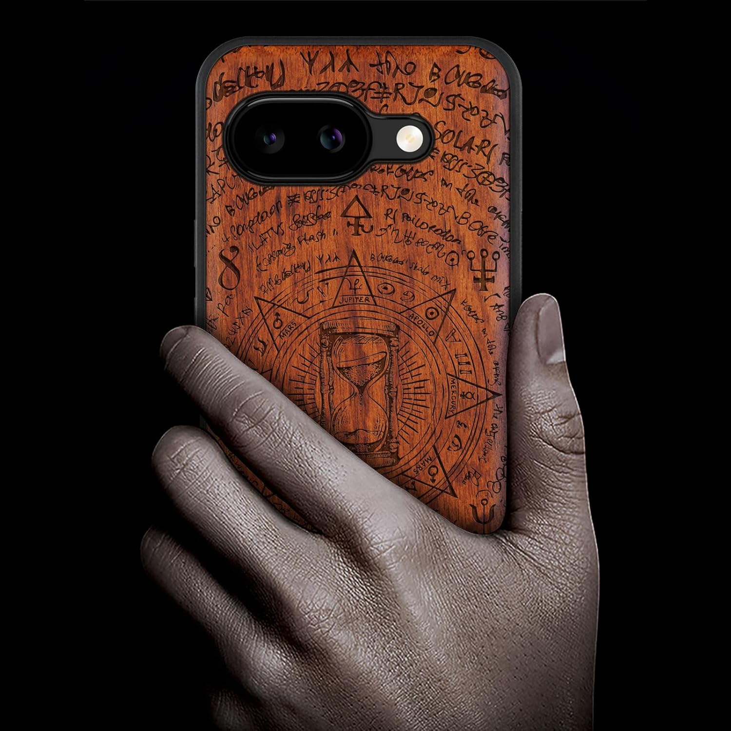 Carveit Magnetic Wooden Case for Google Pixel 9a Case, Wood Artisan Engraved & Soft TPU Shockproof Cover, Compatible with MagSafe Wireless Chargers (Retro Hourglass) Rosy