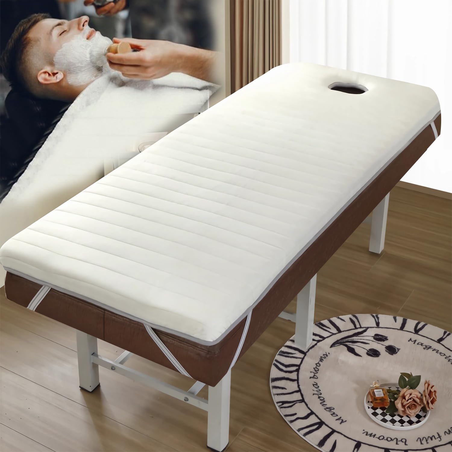 LXJDDLD Massage Bed Mattress Topper with Face Hole,Spa Bed Foam Cushion for Esthetician,Massage Table Padding Topper Memory Foam,Lash Bed Cushion,Square/Round/Trapezoidal Head,Beige 6cm,R 70x180cm