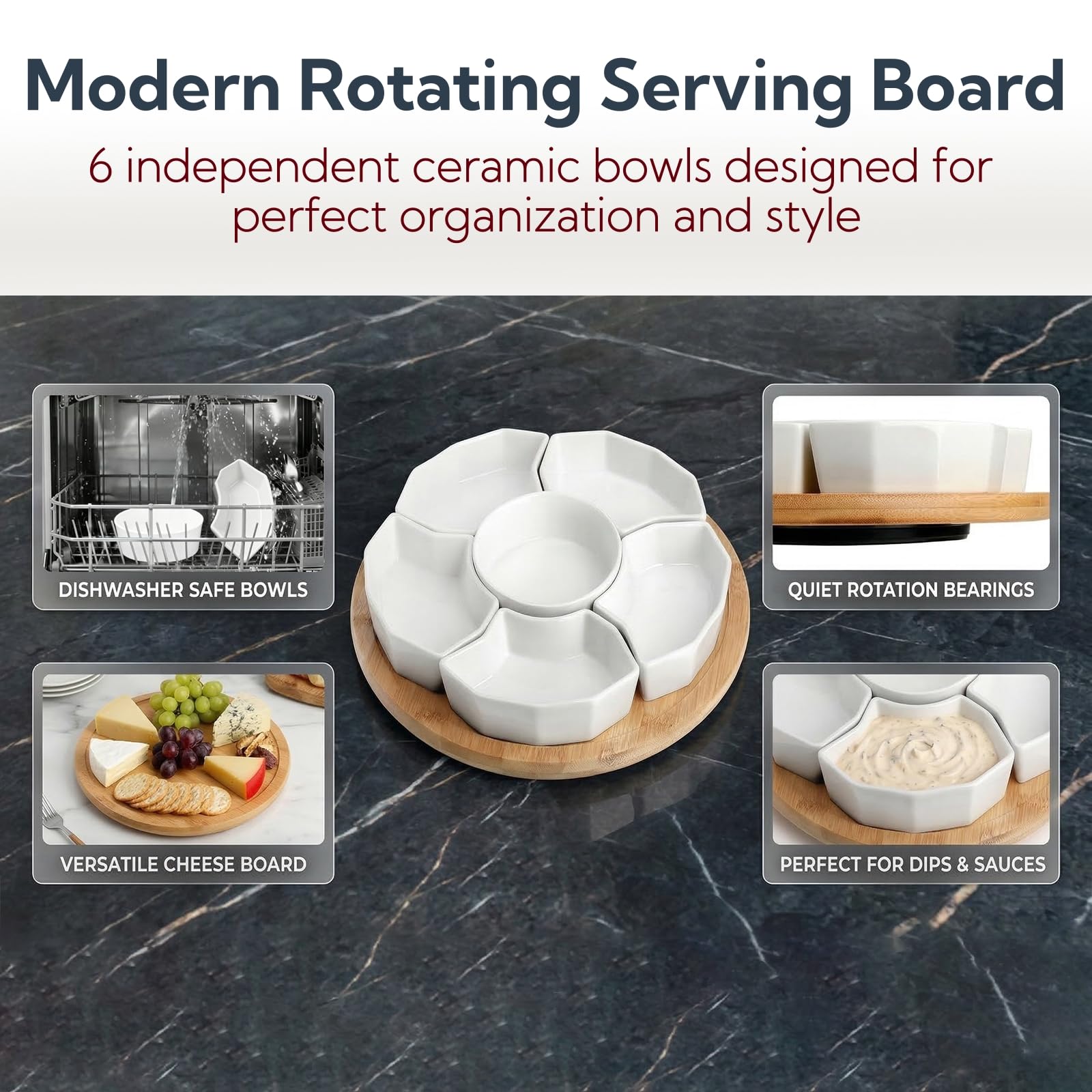 SOUJOY Taca do serwowania przystawek Lazy Susan, porcelanowe podzielone naczynia do serwowania, zdejmowane naczynia do smażenia, dipów, przypraw, warzyw, cukierków i przekąsek, sera, imprezy, 7 sztuk