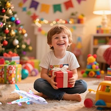 Electric Airplane Toy for Toddlers, Bump and Go Aircraft Vehicle with Music and Flashing Lights, Automatic Driving Plane Toy, Interactive Airplane Toy for Boys & Girls, Kids Birthday Gift